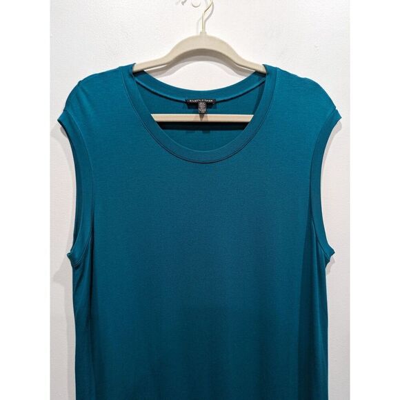 EILEEN FISHER Jewel Blue Stretch Viscose Jersey Cap Sleeve Shift Midi Dress, S/P - Picture 4 of 8